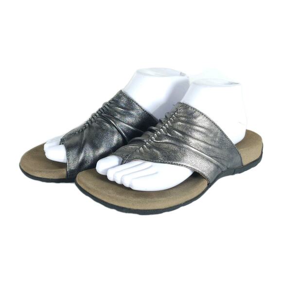 Taos Women’s Gift 2 US 9 Metallic Pewter Ruched Leather Flat Thong Sandals - Picture 1 of 16